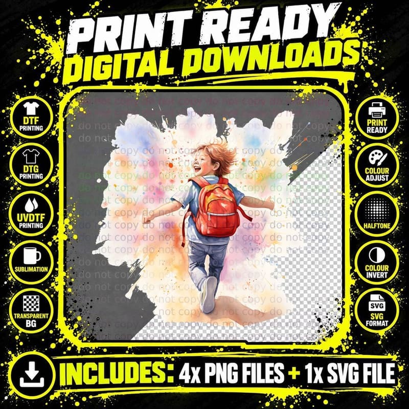 Happy Child Running with Backpack Back to School T-Shirt Png SVG Digital Bundle