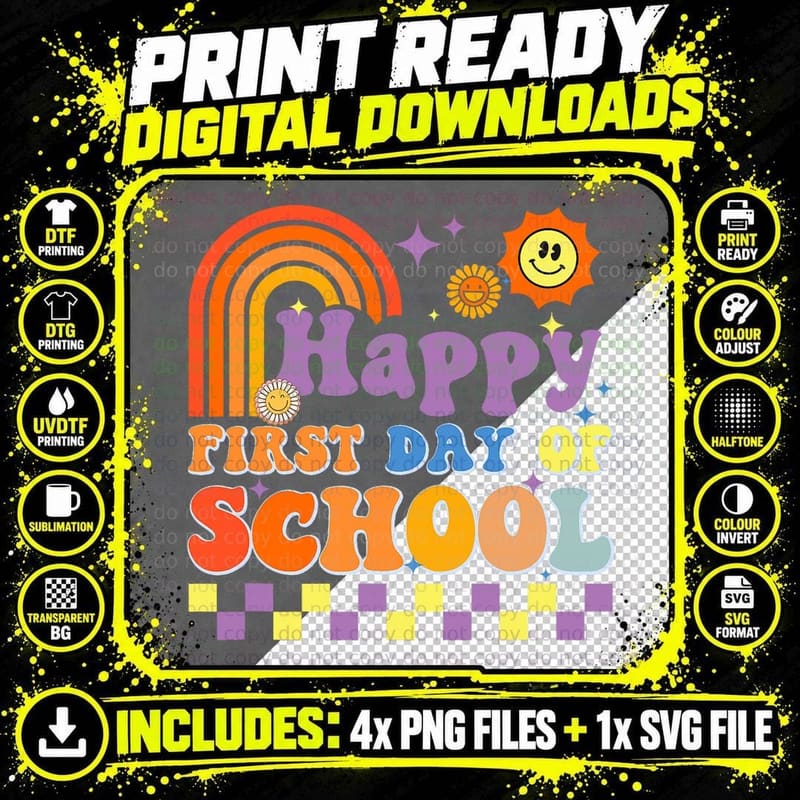 Happy First Day of School Retro Kids Student Back to Png SVG Digital Bundle