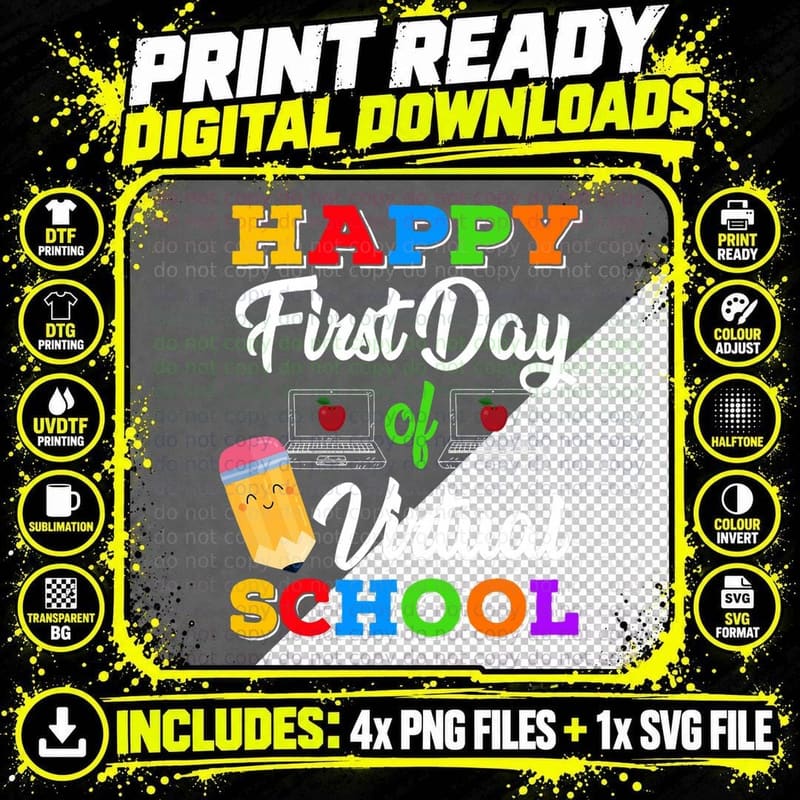 Happy First Day of Virtual School Kids Online Teaching Png SVG Digital Bundle