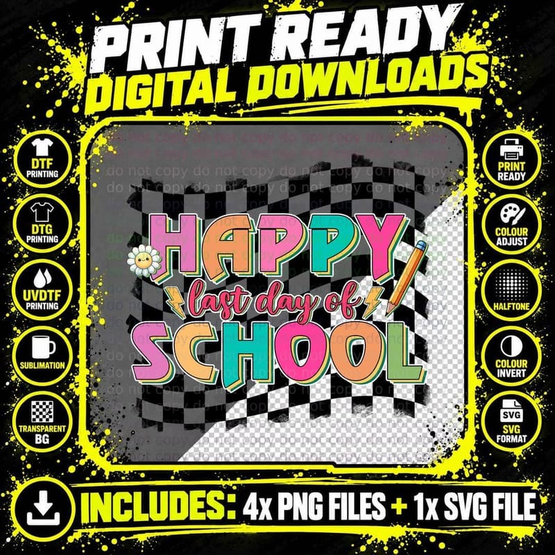 Happy Last Day of School T-Shirt, Colorful Checkered Png SVG Digital Bundle
