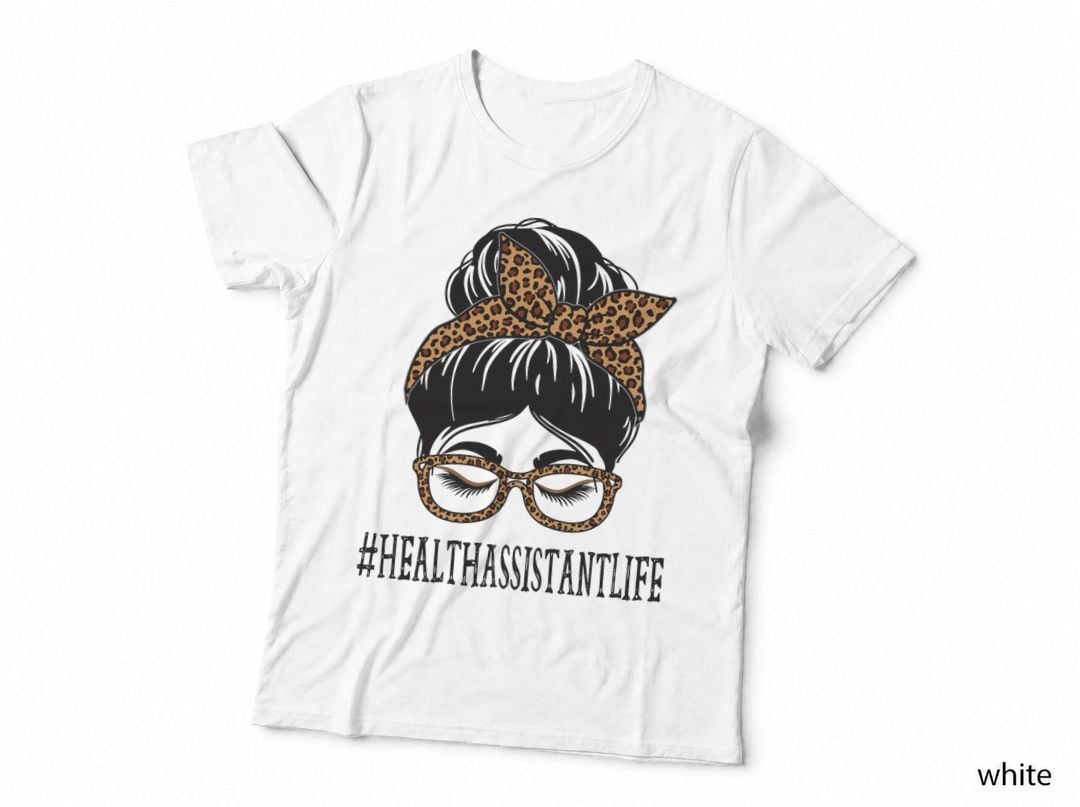 Health Assistant Leopard Messy Bun Women Back to School T-Shirt