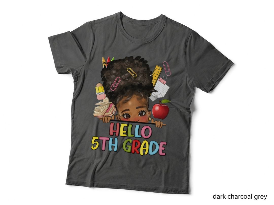 Hello 5th Fifth Grade Messy Bun Back to School Afro Girl T-Shirt