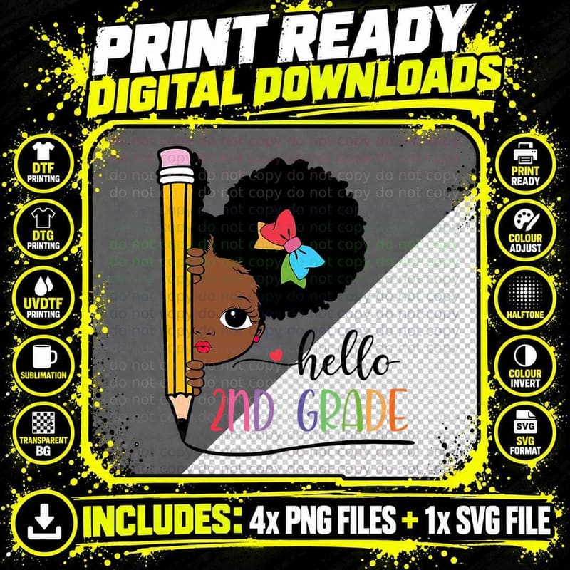 Hello Second Grade Afro Black Girls Kids Back to School Png SVG Digital Bundle