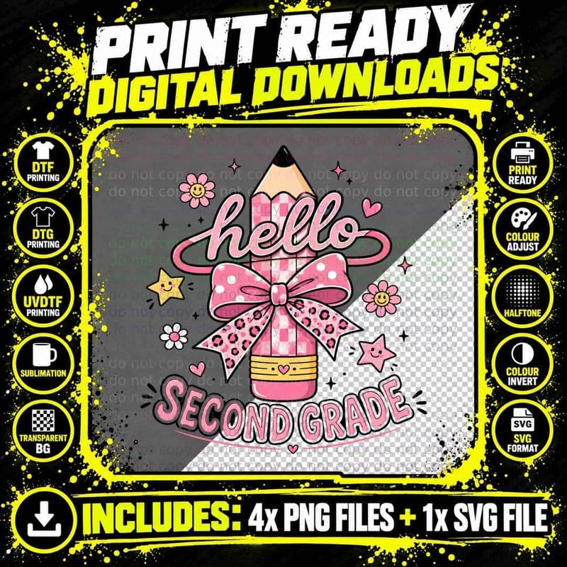 Hello Second Grade School Grade Level T-Shirt Png SVG Digital Bundle
