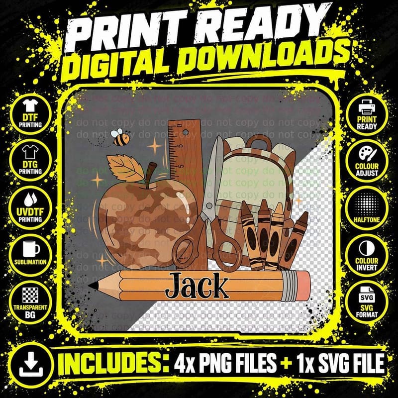 Jack Back to School T-Shirt, Camo Apple with School Png SVG Digital Bundle