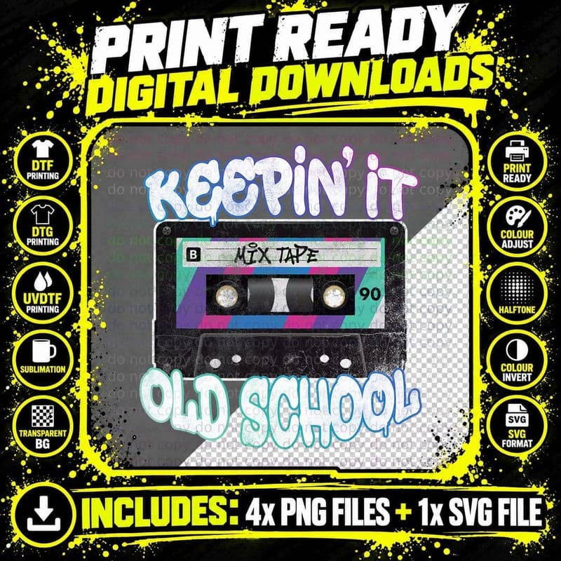Keepin' It Old School Retro 80s 90s Cassette Tape Music Png SVG Digital Bundle