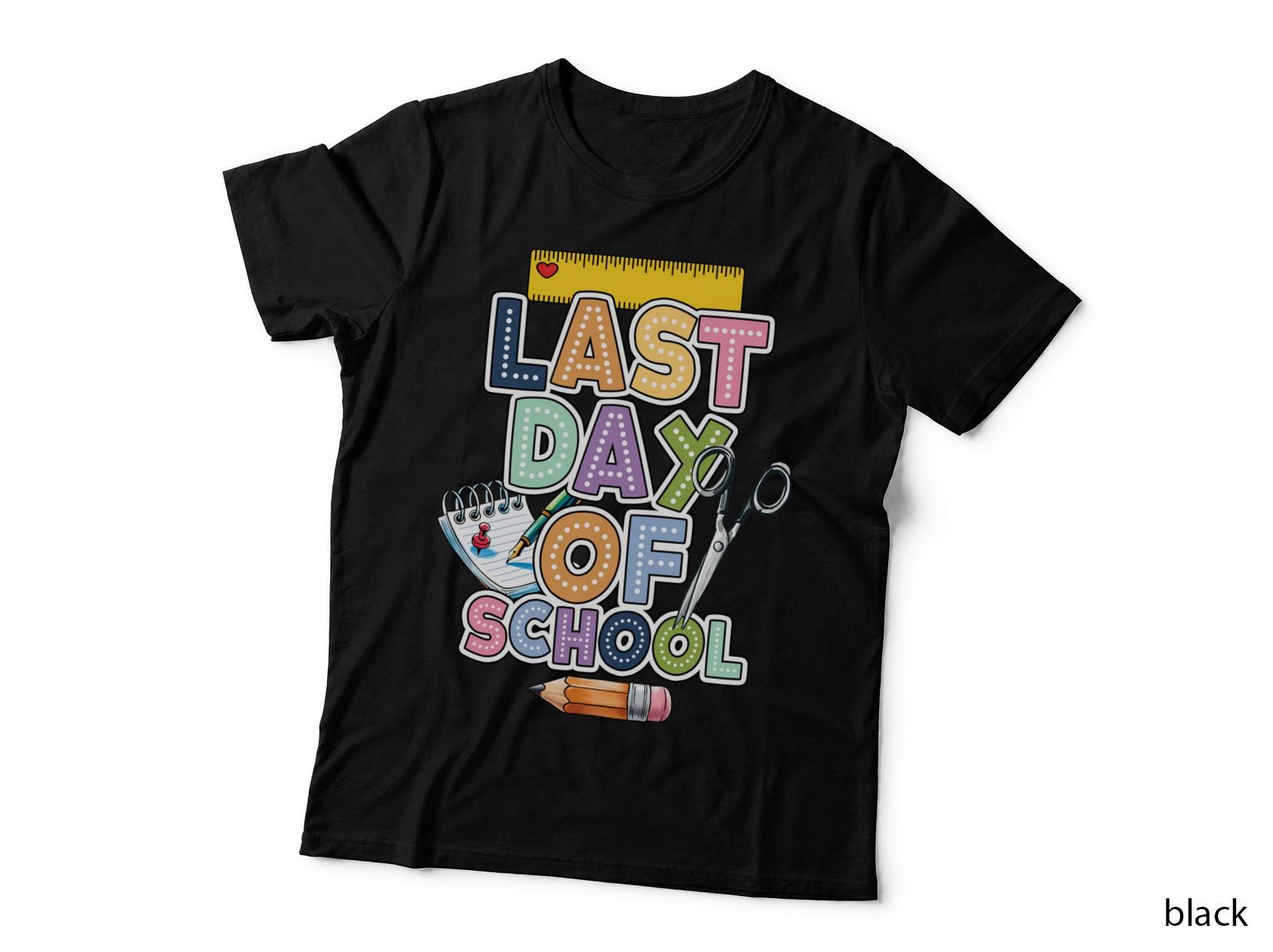 Last Day of School T-Shirt, School Supplies on Gray Background Graphic Tee