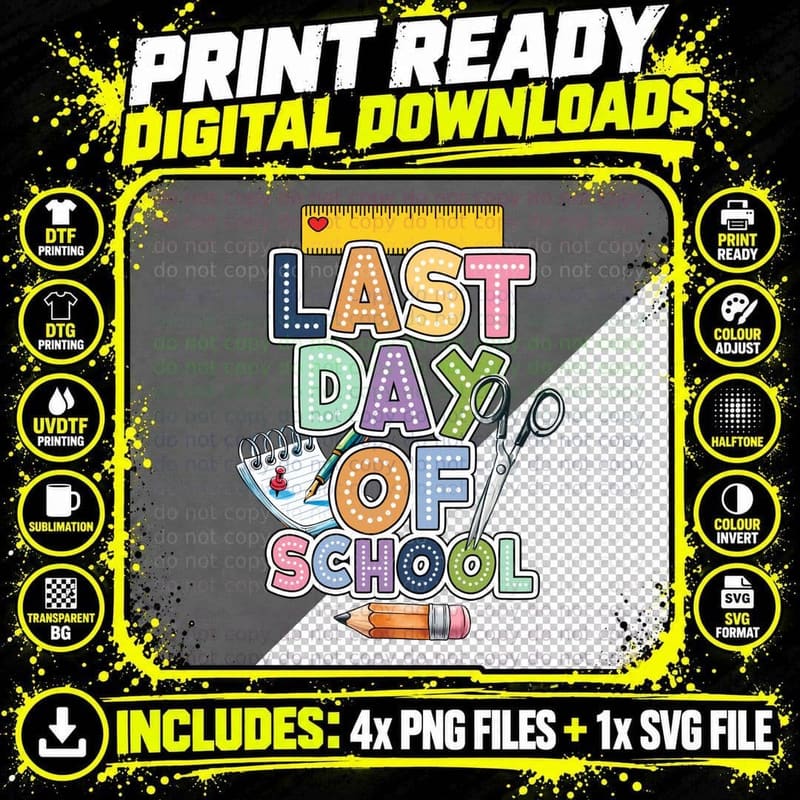Last Day of School T-Shirt, School Supplies on Gray Png SVG Digital Bundle