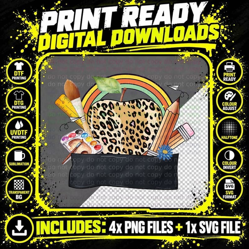 Leopard Apple Art Supplies Back to School T-Shirt Png SVG Digital Bundle