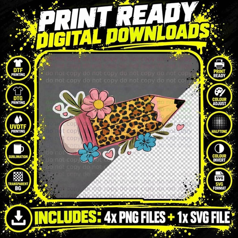 Leopard Print Pencil with Flowers Back to School T-Shirt Png SVG Digital Bundle
