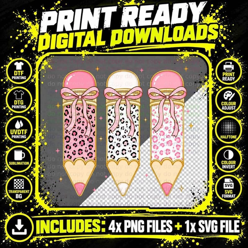 Leopard Print Pencils with Bows School Grade Level Png SVG Digital Bundle