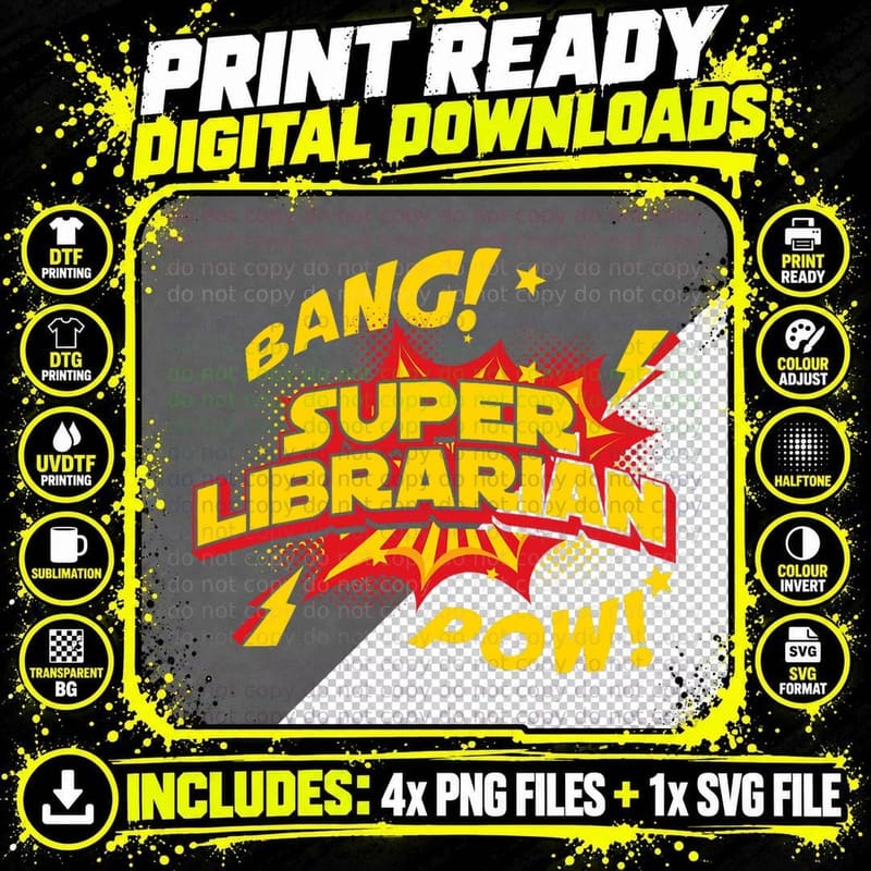 Librarian - Superhero Book Reader School Library Books Png SVG Digital Bundle