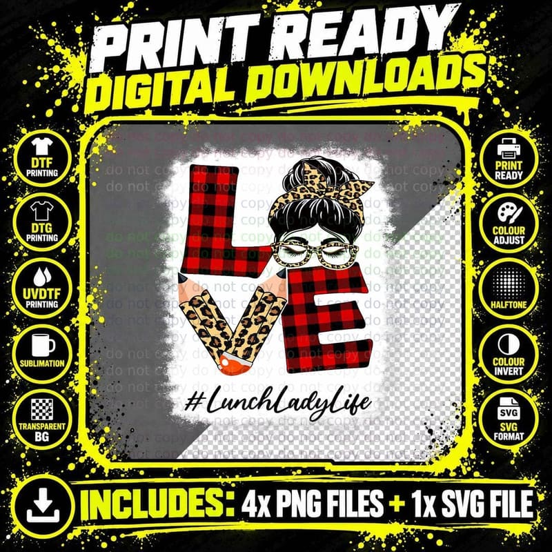 Lunch Lady Love Messy Bun Leopard Buffalo Back to School Png SVG Digital Bundle
