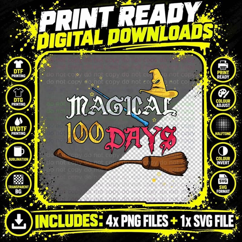 Magical Days of School 100th Day 100 Magic Broom Wizard Png SVG Digital Bundle