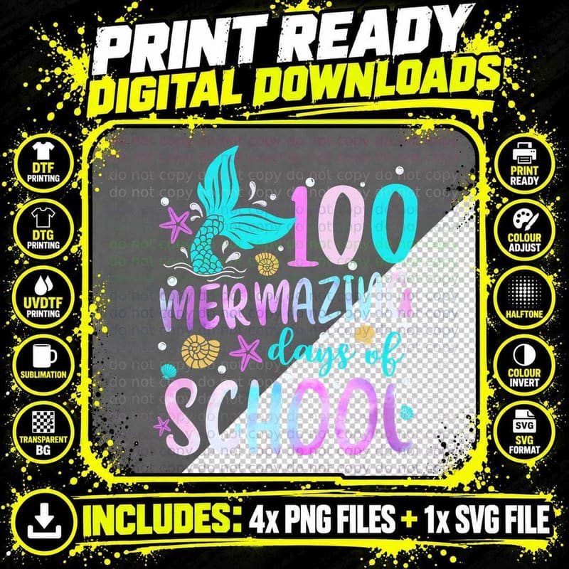 Mermaid Tail 100 Mermazing Days of School Toddler Girls Png SVG Digital Bundle