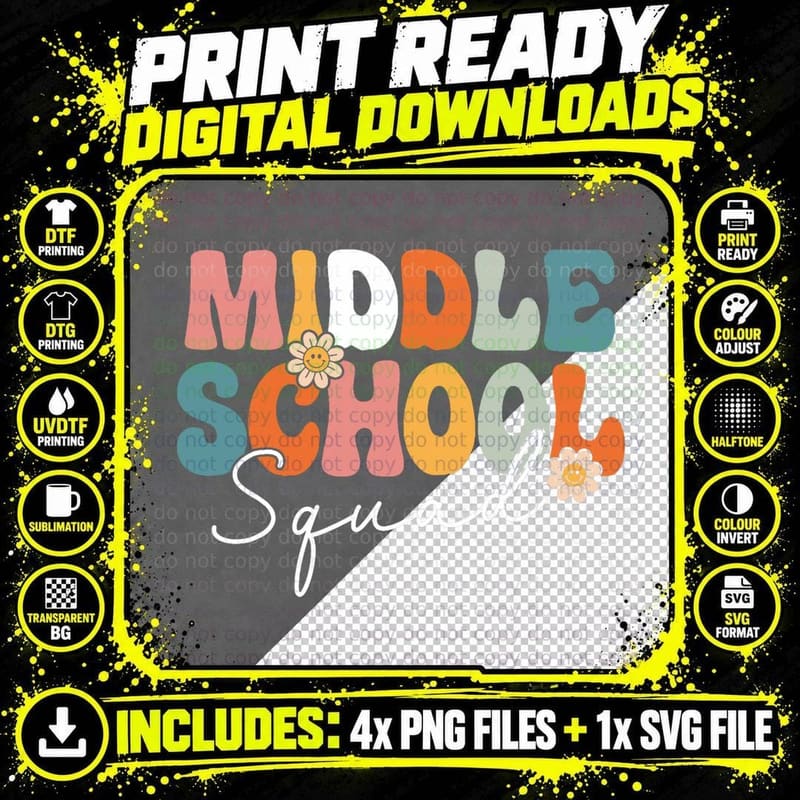 Middle School Squad Team Retro Groovy First Day of Png SVG Digital Bundle