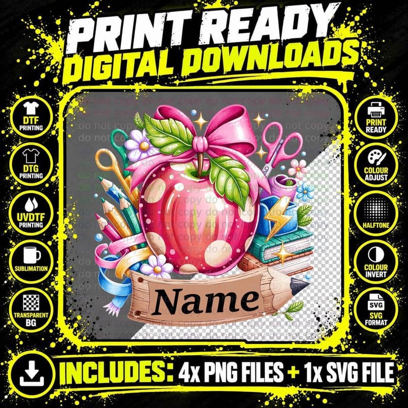 Name Back to School T-Shirt, School-Themed Apple with Png SVG Digital Bundle