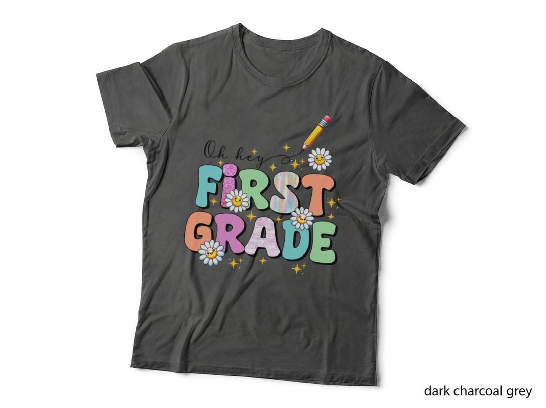 Oh Hey First Grade Back to School T-Shirt, Colorful Flowers with Stars Graphic