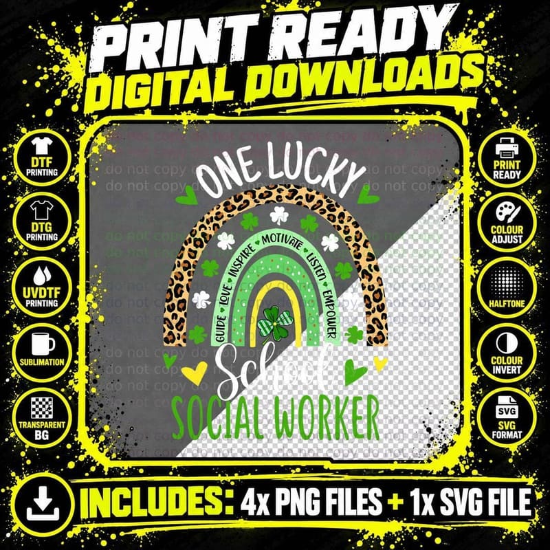One Lucky School Social Worker Rainbow St Patricks Day Png SVG Digital Bundle