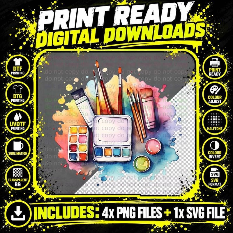 Paintbrushes & Watercolor Palette Back to School T-Shirt Png SVG Digital Bundle