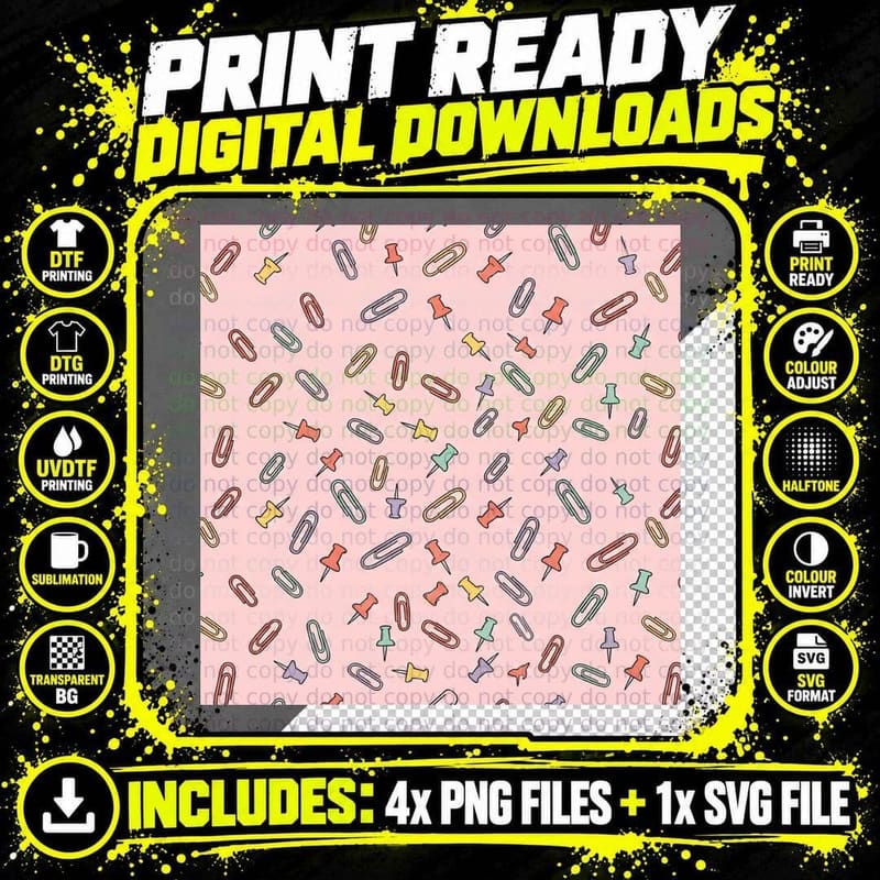 Paperclips & Pushpins Pattern Back to School T-Shirt Png SVG Digital Bundle