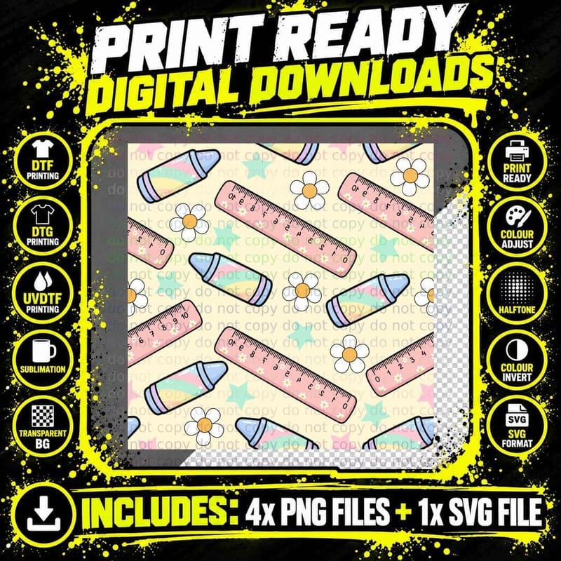 Pastel Crayons Rulers Flowers on Yellow Back to School Png SVG Digital Bundle