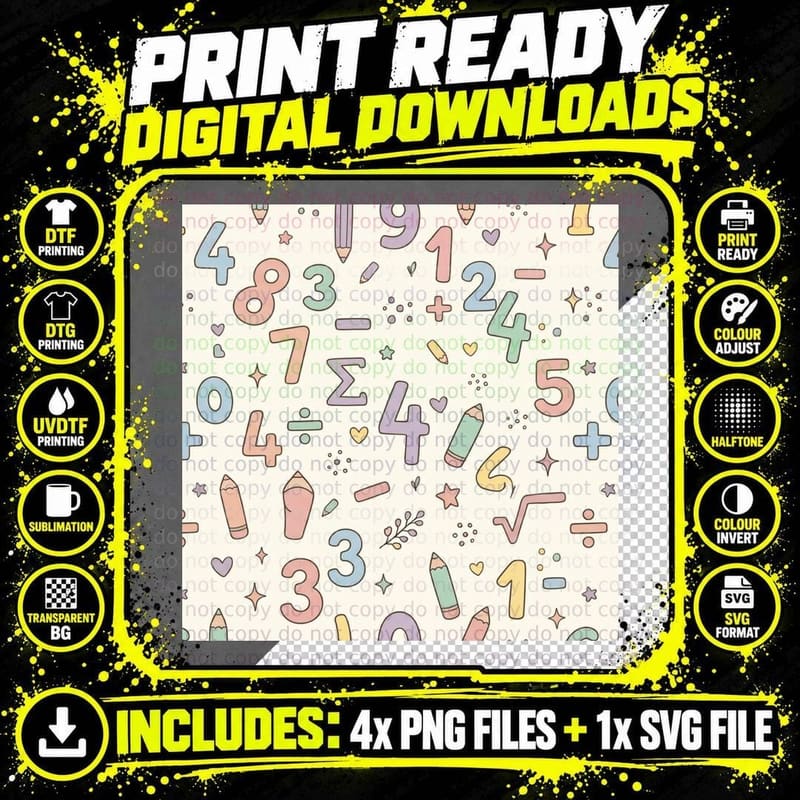 Pastel Numbers & Pencils Pattern Back to School T-Shirt Png SVG Digital Bundle