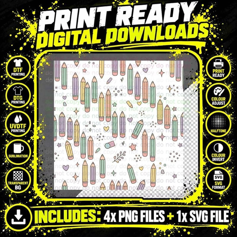 Pastel Pencils and Stars Pattern Back to School T-Shirt Png SVG Digital Bundle