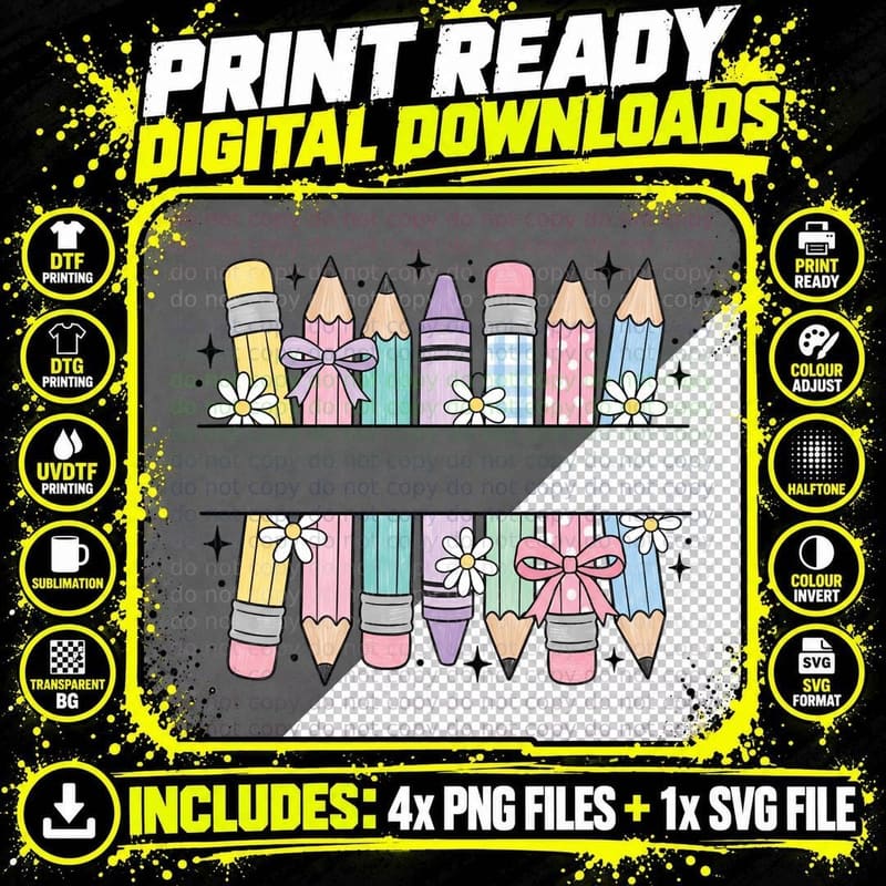 Pastel Pencils with Flowers Back to School T-Shirt Png SVG Digital Bundle