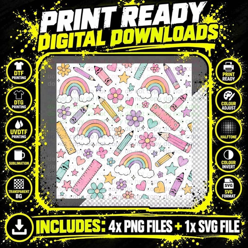 Pastel Rainbow Flowers Stars Pencils Back to School Png SVG Digital Bundle