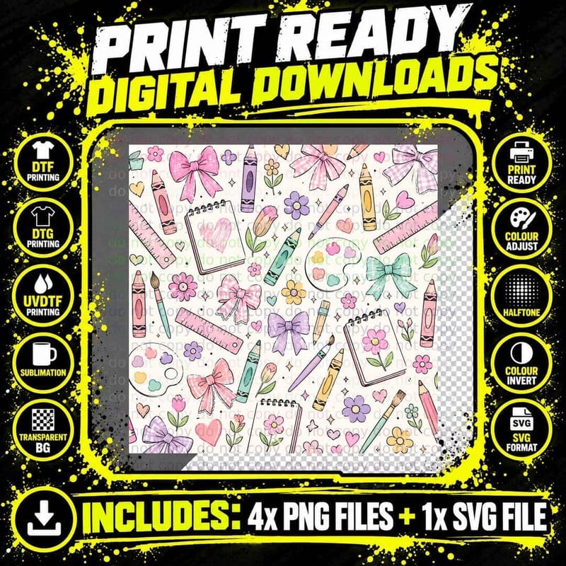 Pastel School Supplies & Bows Back to School T-Shirt Png SVG Digital Bundle