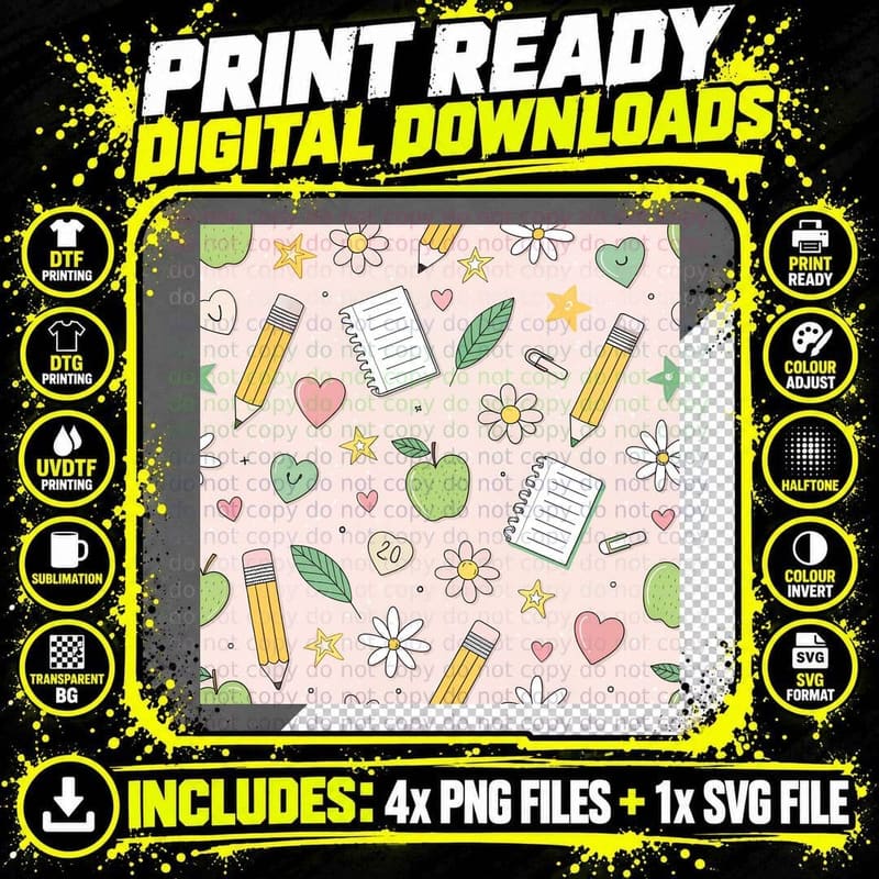 Pastel School Supplies Pattern Back to School T-Shirt Png SVG Digital Bundle