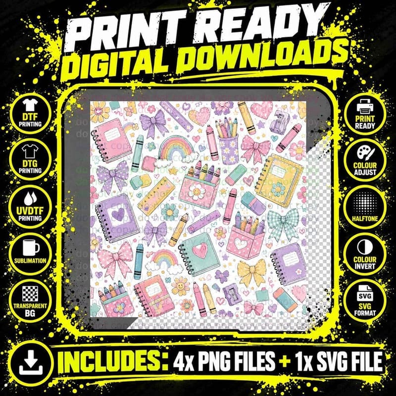 Pastel Stationery and Bows Pattern Back to School T-Shirt Png SVG Digital Bundle