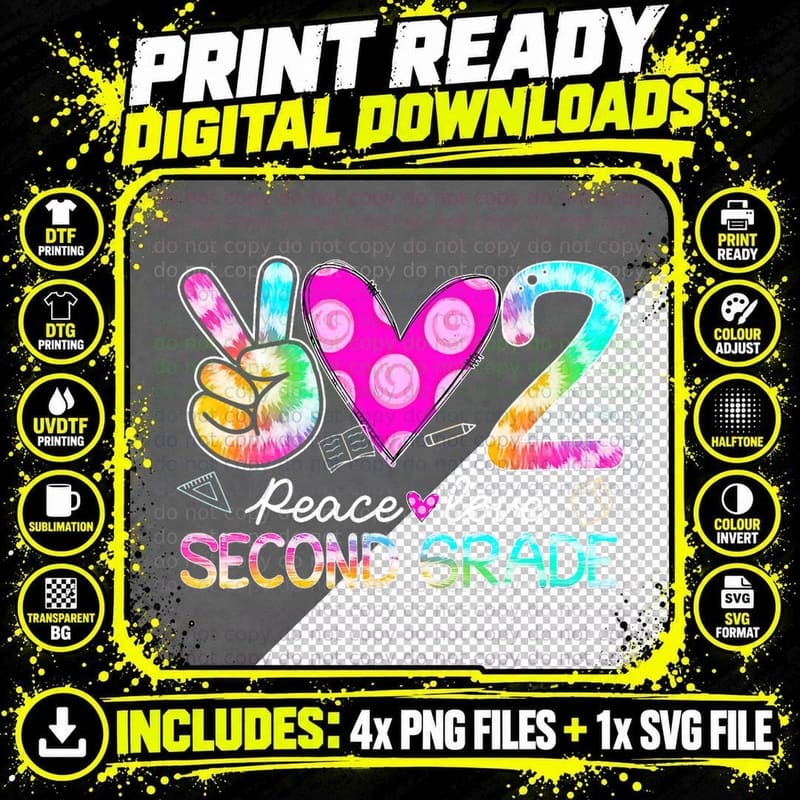 Peace Love Second Grade Tie-Dye Back to School T-Shirt Png SVG Digital Bundle