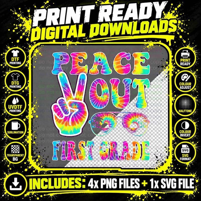 Peace Out First Grade School Grade Level T-Shirt Png SVG Digital Bundle