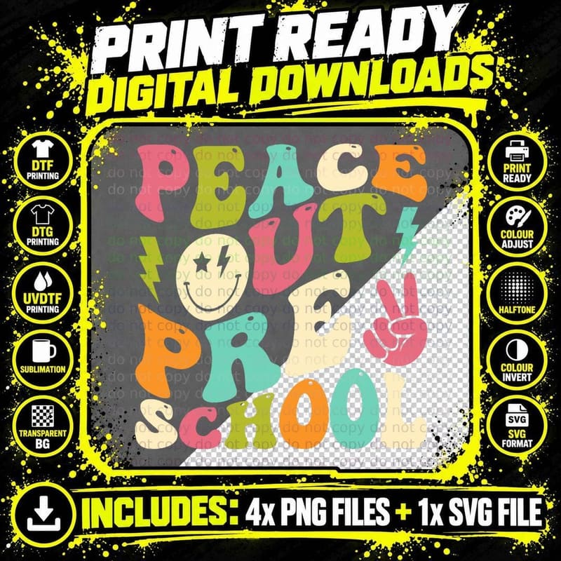 Peace Out Preschool Groovy Graduation Last Day of School Png SVG Digital Bundle