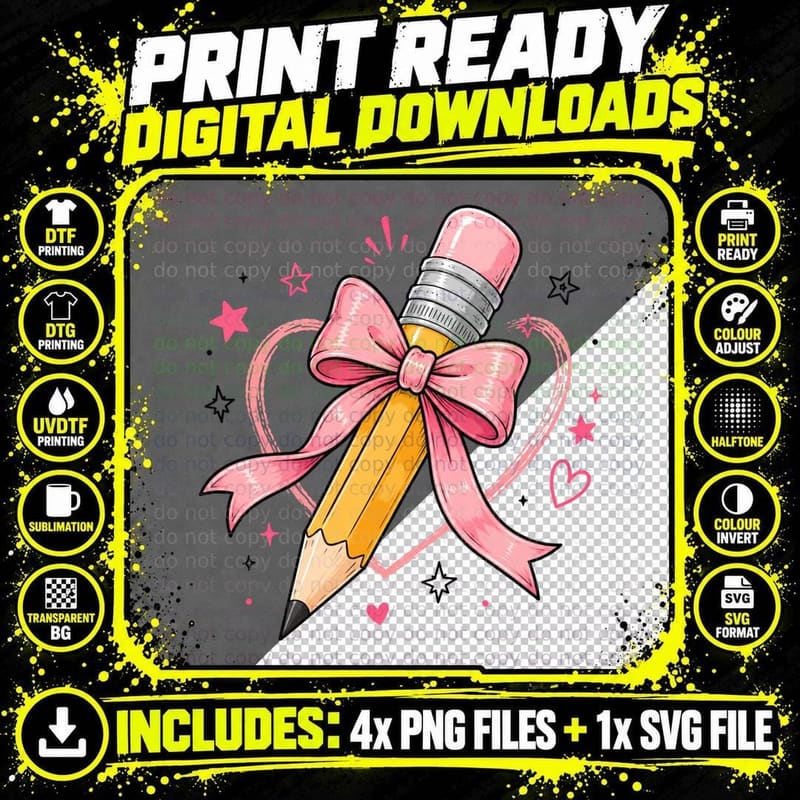 Pencil with Pink Bow and Stars Back to School T-Shirt Png SVG Digital Bundle