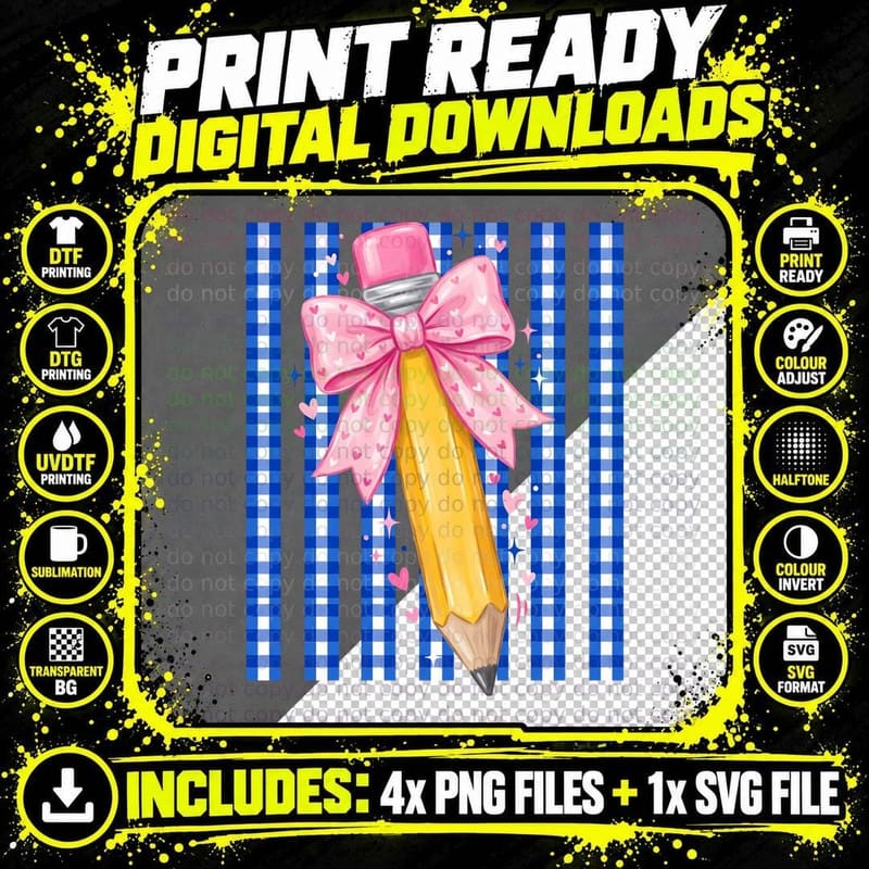 Pencil with Pink Bow on Checkered Background Back to Png SVG Digital Bundle