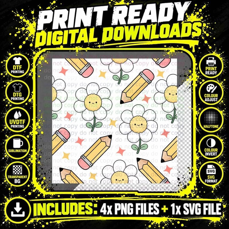 Pencils & Flowers Pattern Back to School T-Shirt Png SVG Digital Bundle