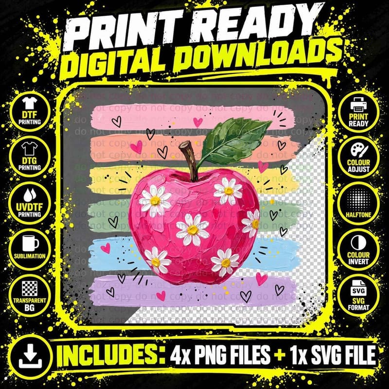 Pink Apple with Flowers on Colorful Background Back to Png SVG Digital Bundle