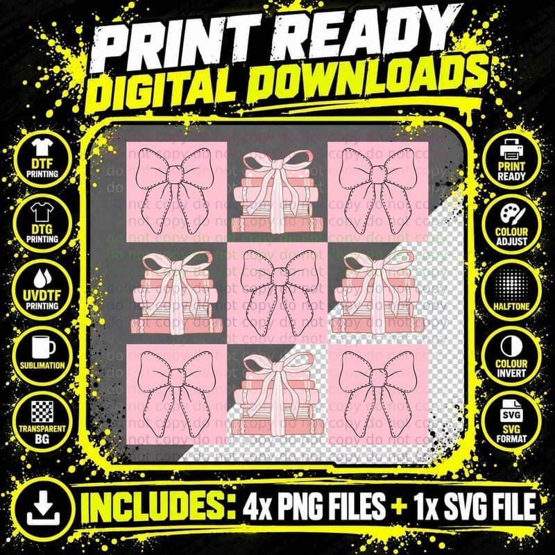 Pink Bows and Books Pattern Back to School T-Shirt Png SVG Digital Bundle
