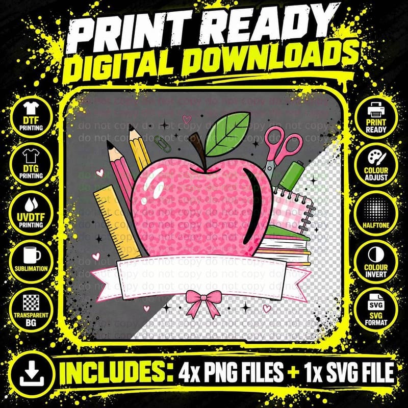 Pink Leopard Print Apple with School Supplies Back to Png SVG Digital Bundle