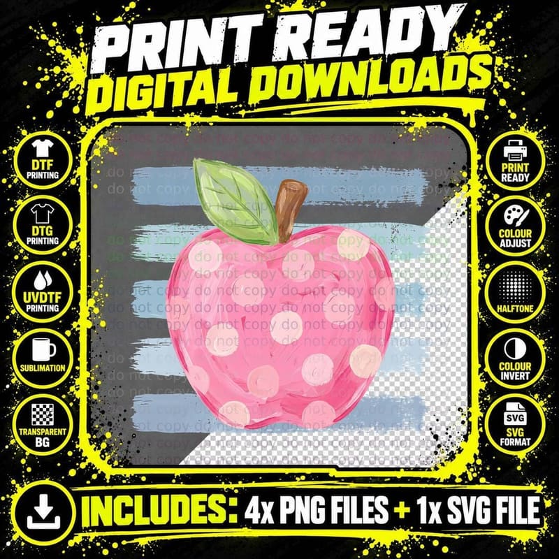 Pink Polka Dot Apple with Green Leaf Back to School Png SVG Digital Bundle