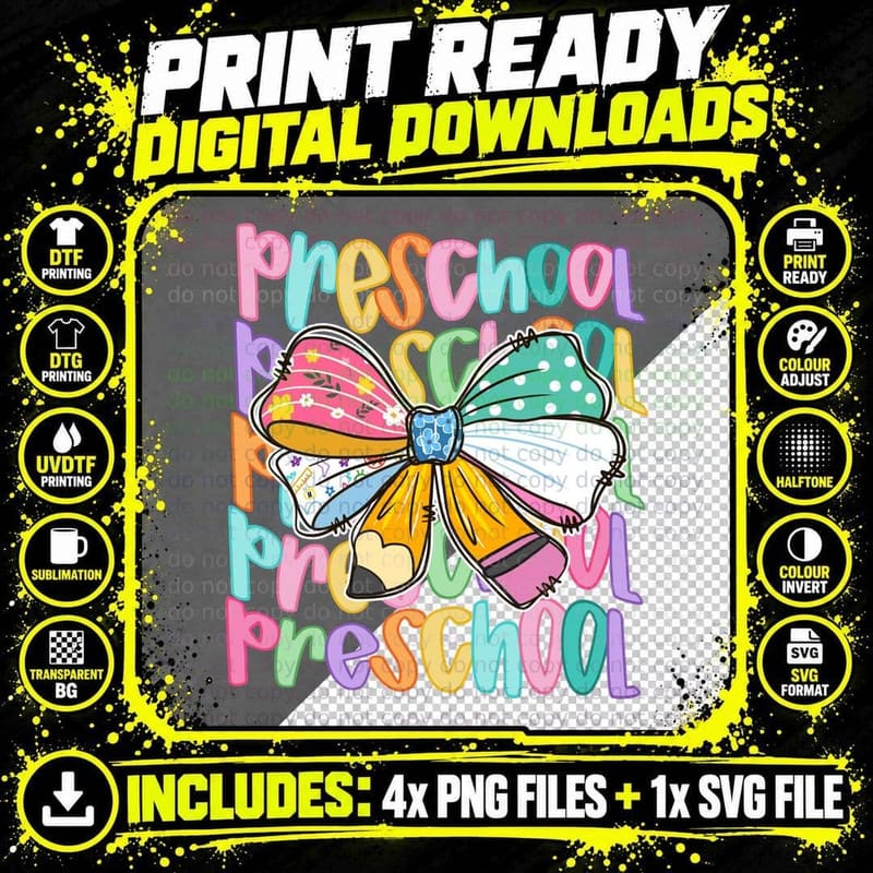 Preschool Back to School T-Shirt, Colorful Bow with Png SVG Digital Bundle