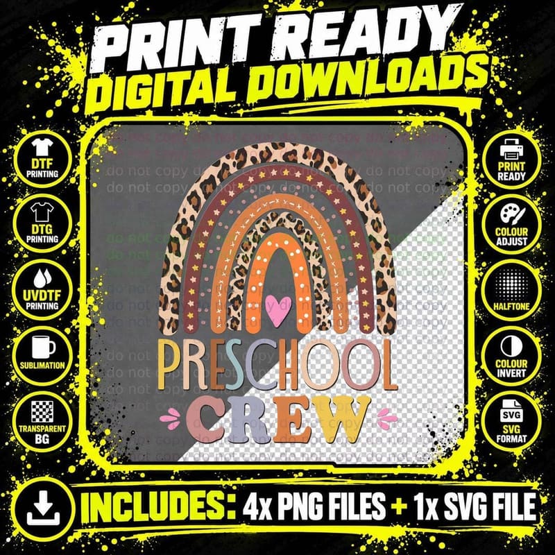 Preschool Crew Cute Leopard Rainbow Back to School Png SVG Digital Bundle