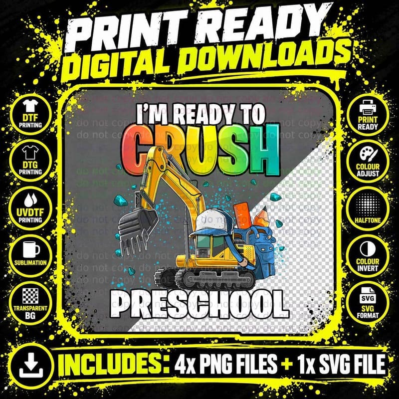 Preschool Excavator Construction Back to School Shirt Png SVG Digital Bundle