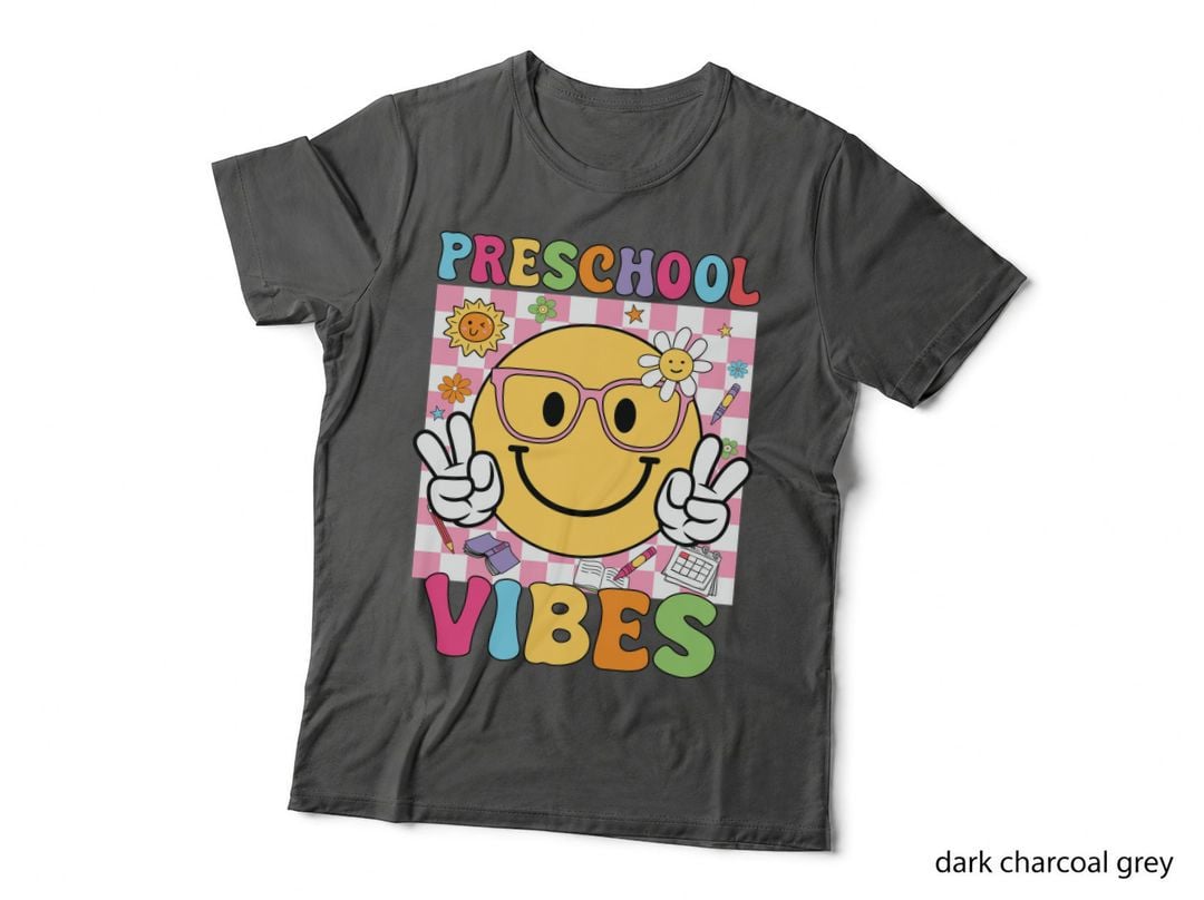 Preschool Vibes Back to School T-Shirt, Smiley Face Peace Sign Graphic Tee
