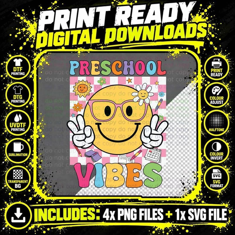 Preschool Vibes Back to School T-Shirt Png SVG Digital Bundle