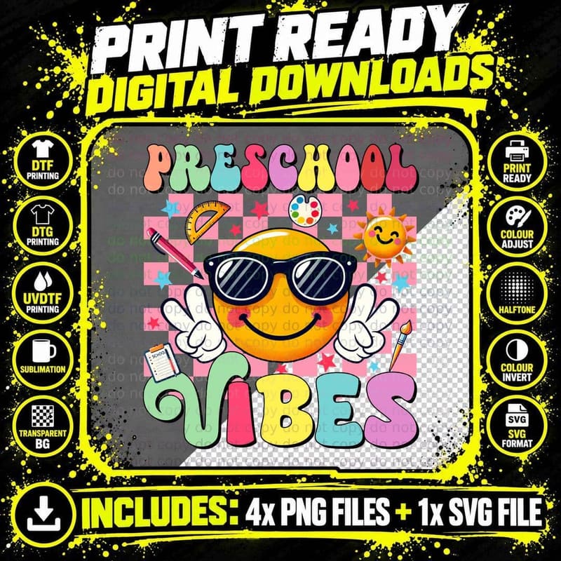 Preschool Vibes Back to School T-Shirt Png SVG Digital Bundle