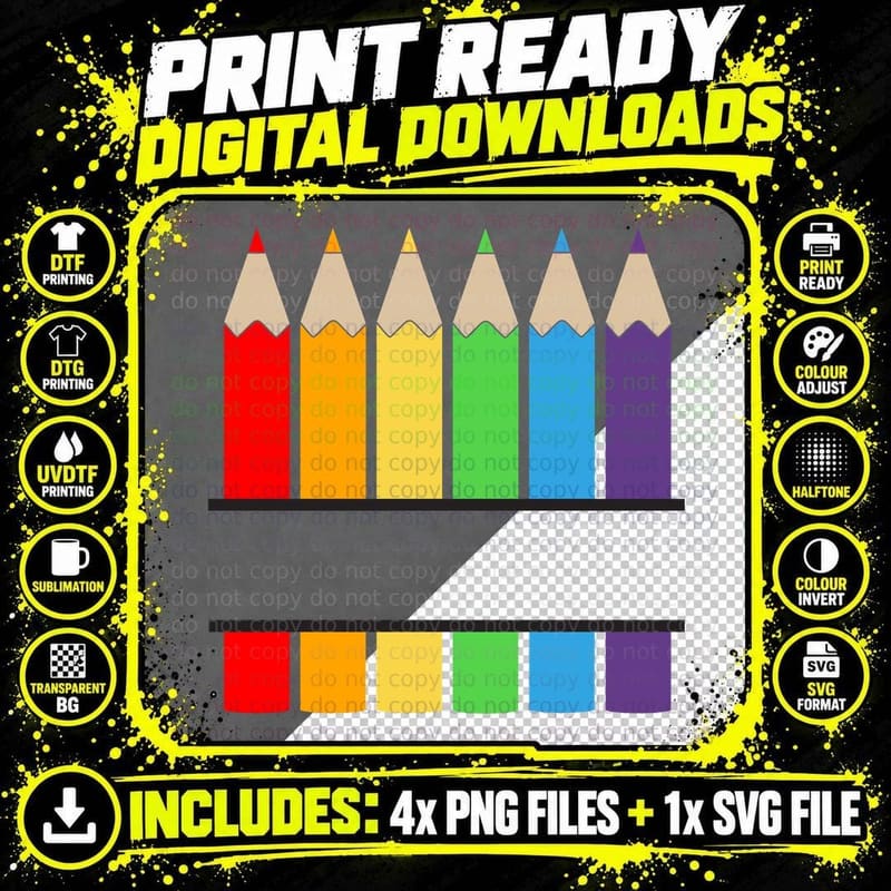 Rainbow Pencils on Shelves Back to School T-Shirt Png SVG Digital Bundle